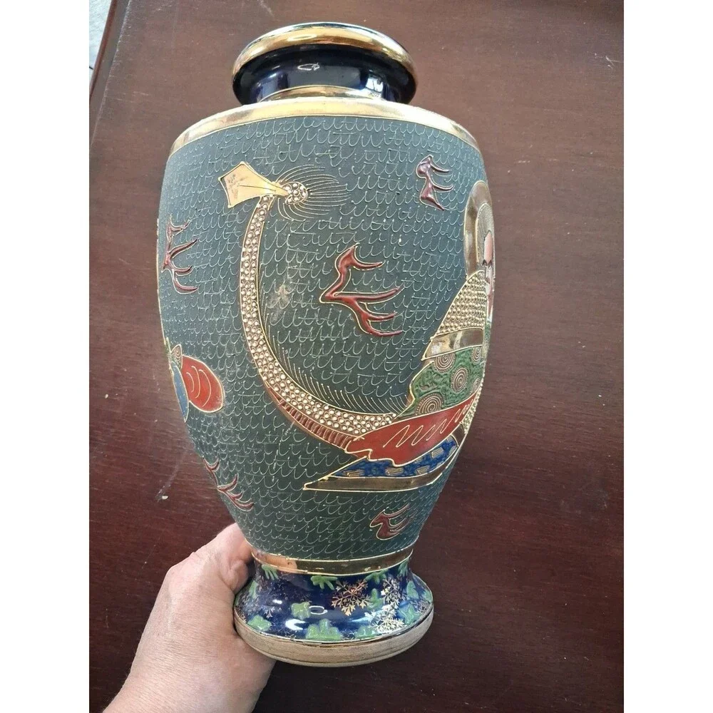 Japanese Satsuma Style Hand-Painted Vase with Figures and Gold Accents